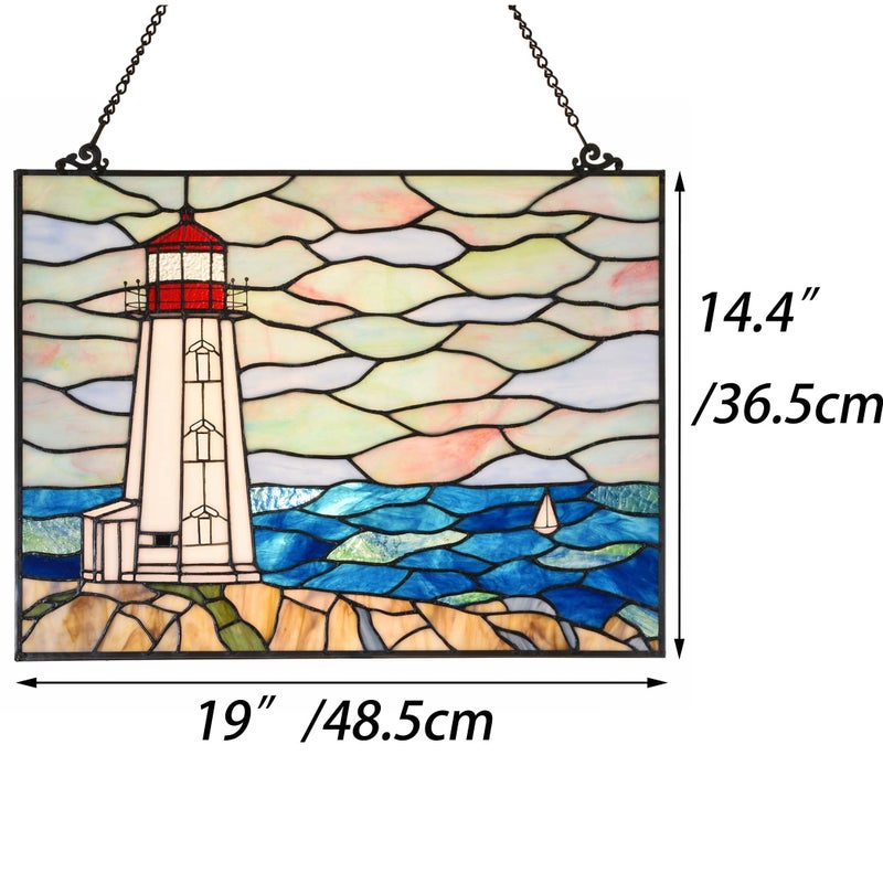 Bieye W10066 Peggy's Point Lighthouse Tiffany Style Stained Glass Window Hangings Panel, 19" W x 14.4" H - Image 3